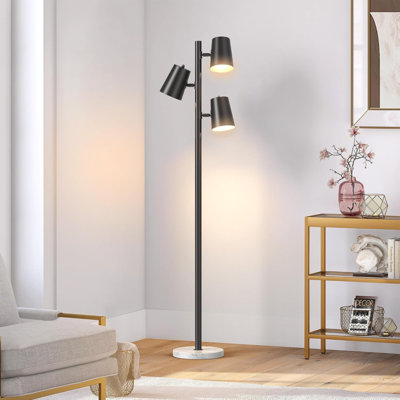 Modern Tree Floor Lamps for Living Room, 62" Black Standing Floor Lamp with 3 Lights, Industrial Tall Lamp Reading Lighting with White Marble Base for Bedroom, 3 Rotatable Light Heads