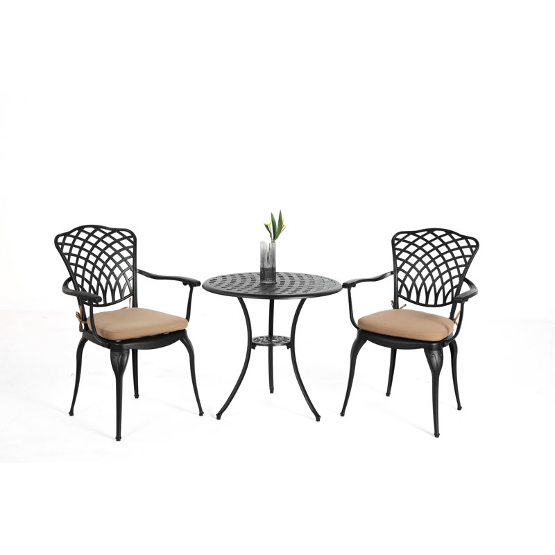 3 Piece Patio Bistro Set Cast Aluminum Bistro Table And Chairs Set Of 2 With Umbrella Hole,All Weather Metal Bistro Table Set,Outdoor Patio Furniture Set For Garden Black With Cushion