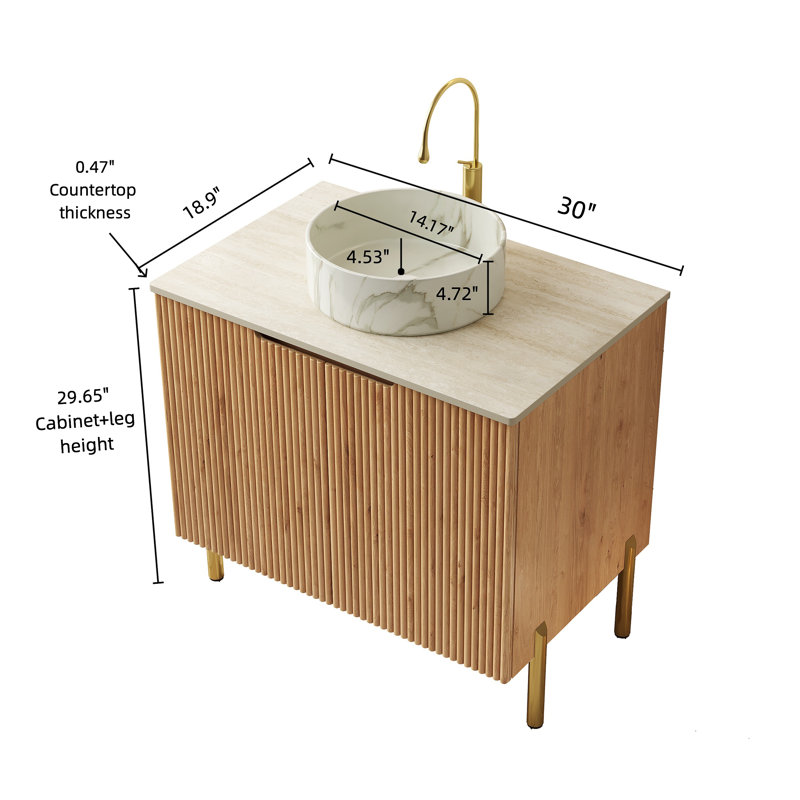 Meuble-lavabo de salle de bain 30 po avec lavabo, meuble de rangement autoportant en contreplaqué avec lavabo 2 portes à motif de pierre et comptoir en pierre frittée à motif de travertin Roma
