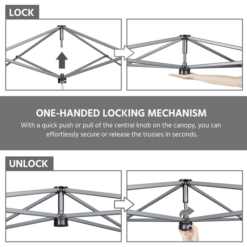 Metal Pop-Up Canopy with One-Push-To-Lock Setup Mechanism, 10' W x 10' D, Dark Gray