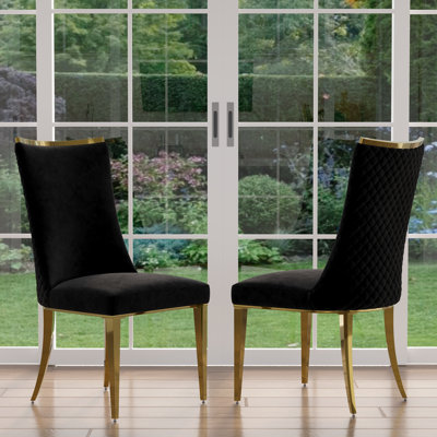 Luxury Black Velvet Dining Chairs Set Of 2 With Polished Gold Metal Legs