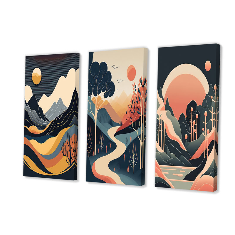 «Yellow Graphic Moon in the Mountains III», ensemble de 3 reproductions sur toiles tendues, H 28 po x l 36 po x P 1 po