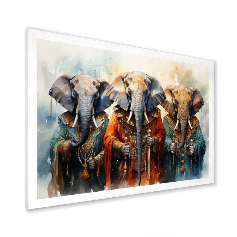 «African Sacred Elephants II», reproduction sur toile, Cadre simple blanc, H 34 po x l 44 po x P 1,5 po