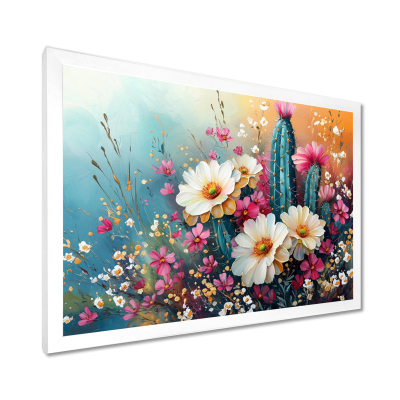 Cactus jaune et rose - Cactus, H 30 po x l 40 po, Avec cadre, Blanc
