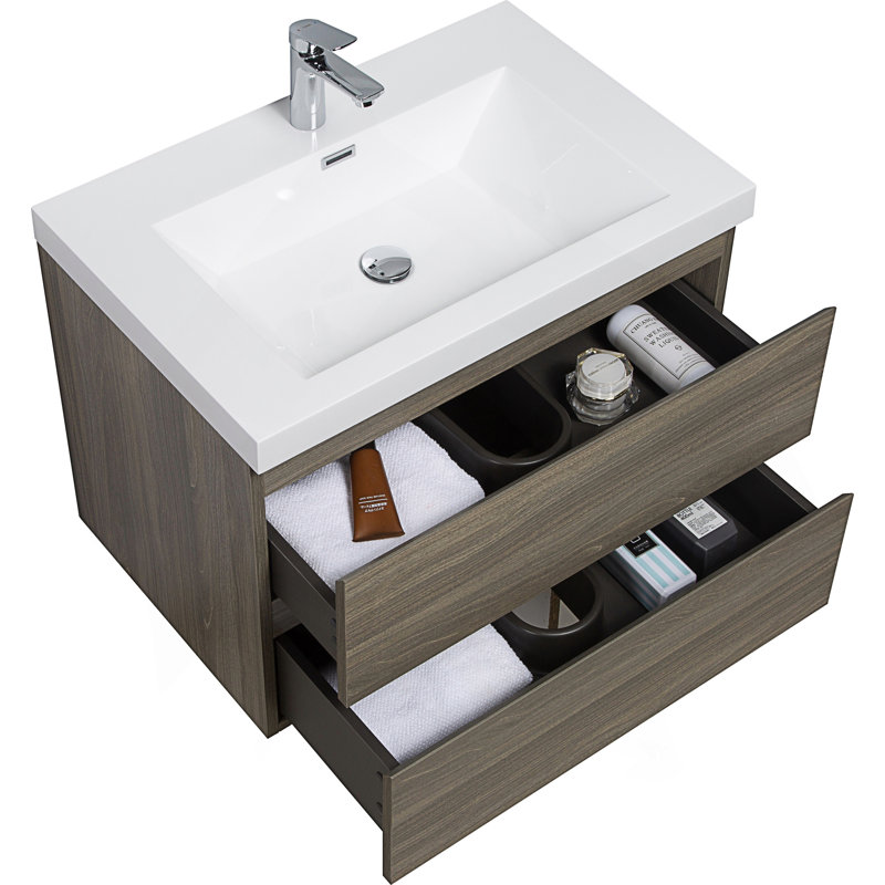 Meuble-lavabo flottant avec lavabo, meuble-lavabo mural moderne avec lavabo en résine et tiroirs à fermeture en douceur, Gris