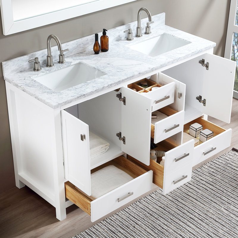 Covin 60'' Modern And Traditional Bathroom Double Sink Vanity Set With White Italian Carrara Marble Countertop & Backsplash, Fully Assembled