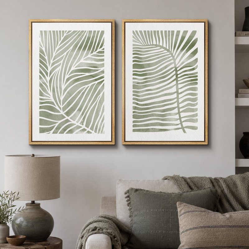 Abstrait botanique «feuilles de palmier tropical vert sauge délavé, images murales minimalistes modernes et simples, impression sur toile encadrée 2 pièces, ensemble de 16 x 24 x 2, 24 x 36 x 2