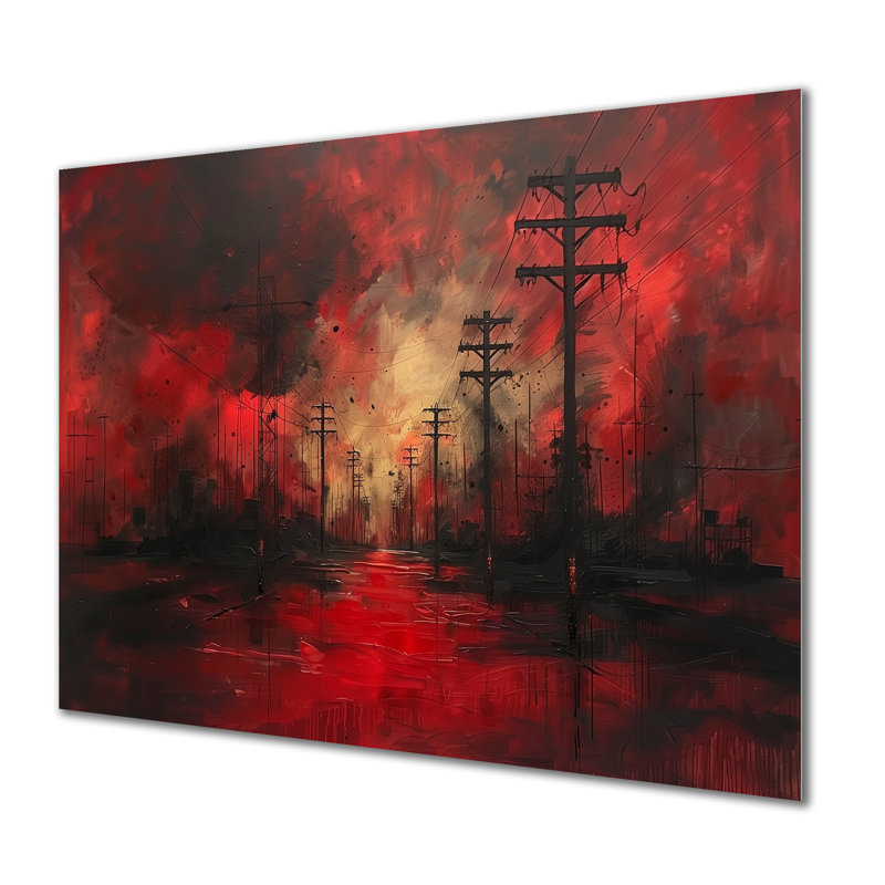 Rouge, noir, lignes électriques à l'obscurité III - décoration murale lignes électriques, H 24 po x l 32 po, Métal métal