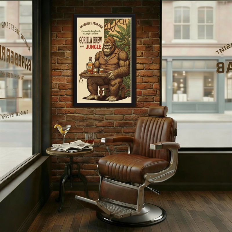 Fashion Gorilla tenant un verre dans un décor de jungle, H 18 po x l 12 po