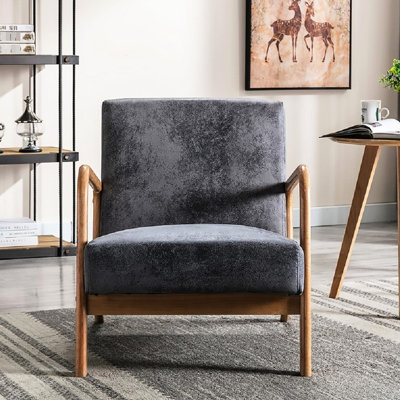 Fauteuil d'appoint gris Mid-Century moderne, finition, conception à cadre ouvert et revêtement en microfibre. Crée une ambiance rétro dans le salon ou la chambre à coucher. Toute la quincaillerie est disponible