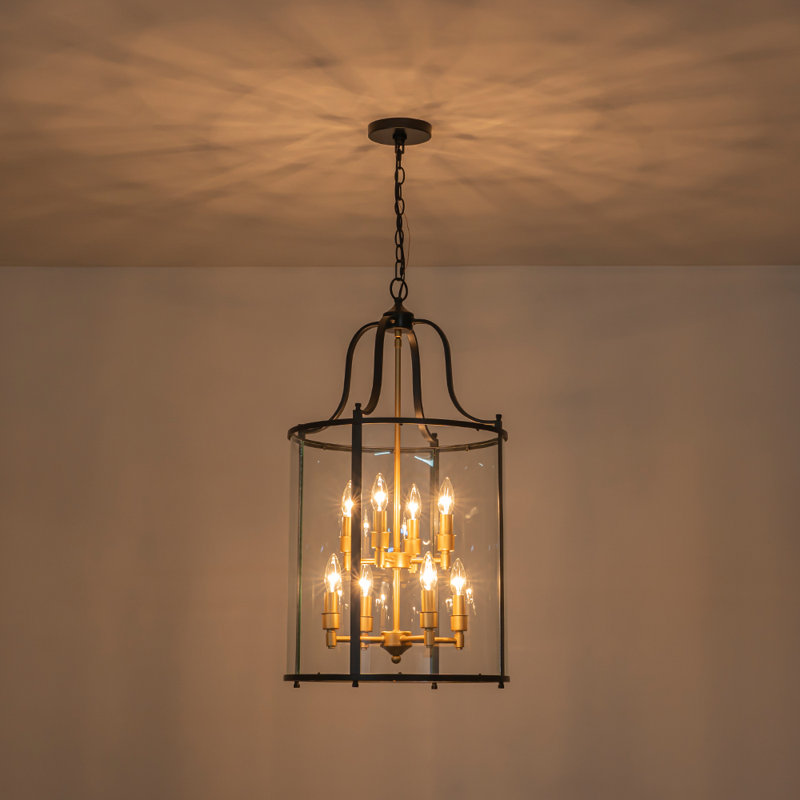 Luminaire suspendu cylindrique en verre transparent 8 lumières classique / traditionnel, Noir mat / Or