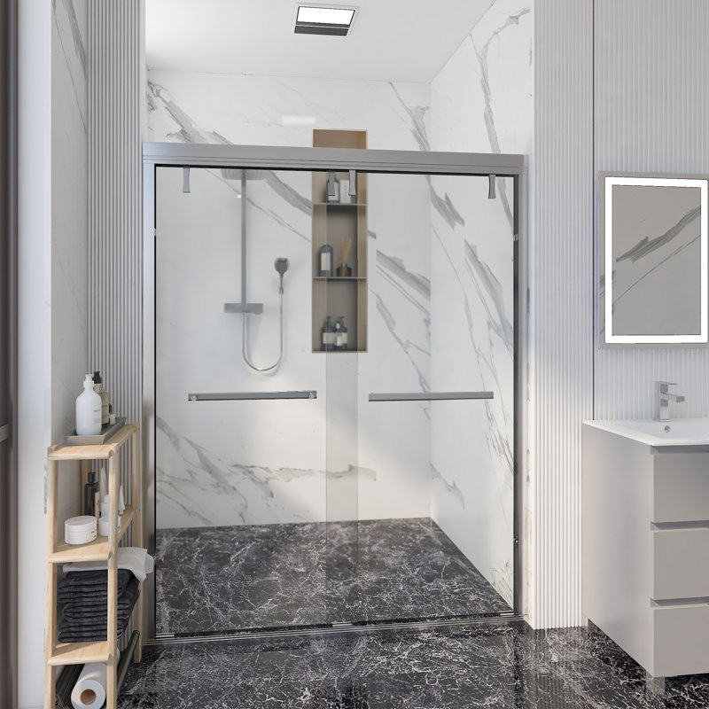 44''-48'' W X 71'' H Double Sliding Semi-Frameless Shower Door With  0.24"(6mm) Tempered Glass，Stainless Steel Accessories