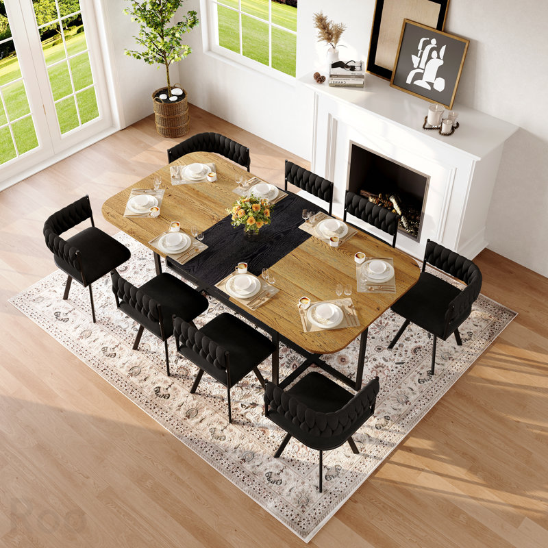 Ensemble de table de salle à manger 9 pièces 9 pièces, plateau de table fixe en grain de bois bicolore et triamine de grain de bois noir avec 8 chaises en velours noir, ensemble de table de cuisine moderne pour 8 personnes, idéal pour les réunions de famille