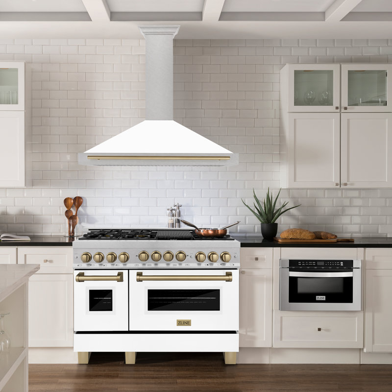 48" 400 CFM Ducted Wall Mount Range Hood, White Matte/Champagne Bronze