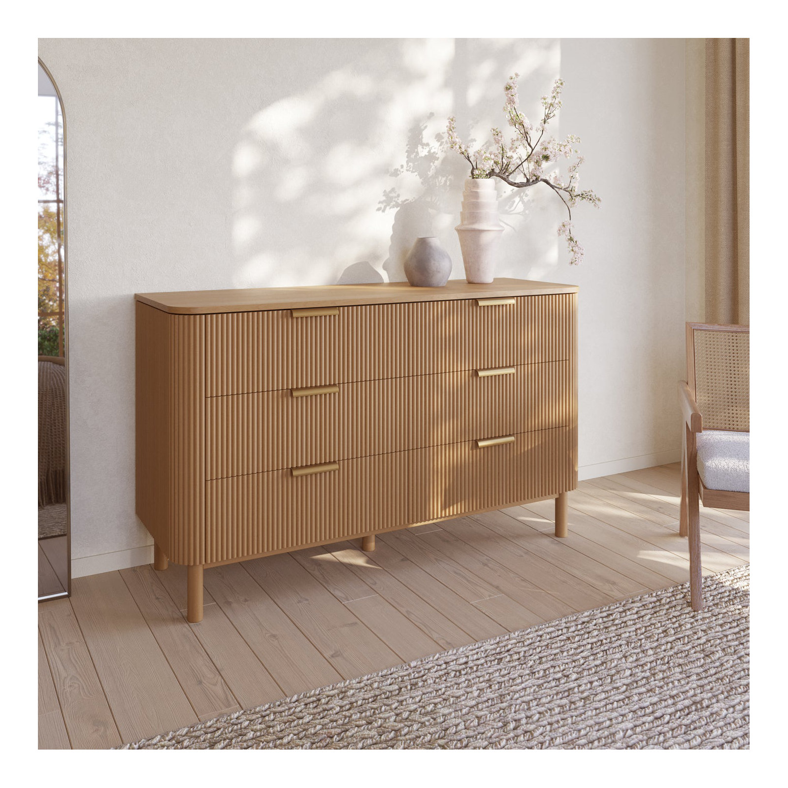 Nova 60" 6-Drawer Dresser with Reeded Front, Reeded Birch