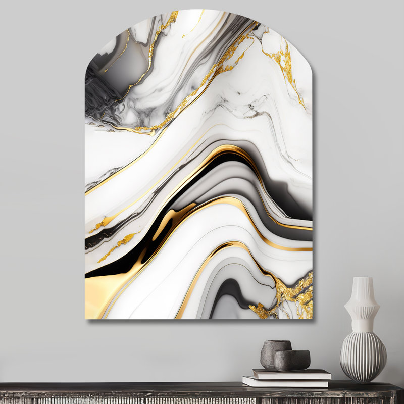 «Abstract Geode Marble Waves» gris IV - Art mural abstrait asymétrique en métal, reproduction de sculpture murale en arche