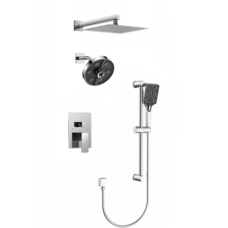 Système de douche encastré 9,84 pouces avec pomme de douche à pluie, douche à main à 3 fonctions, valve à pression équilibrée, ensemble de robinet de douche mural complet