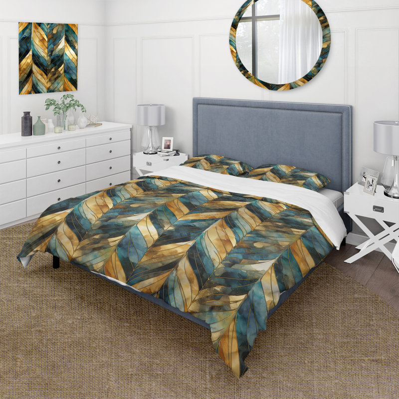 Ensemble de housse de couette doré et vert à chevrons dorés Reverie I, Housse de couette pour très grand lit et 2 très
