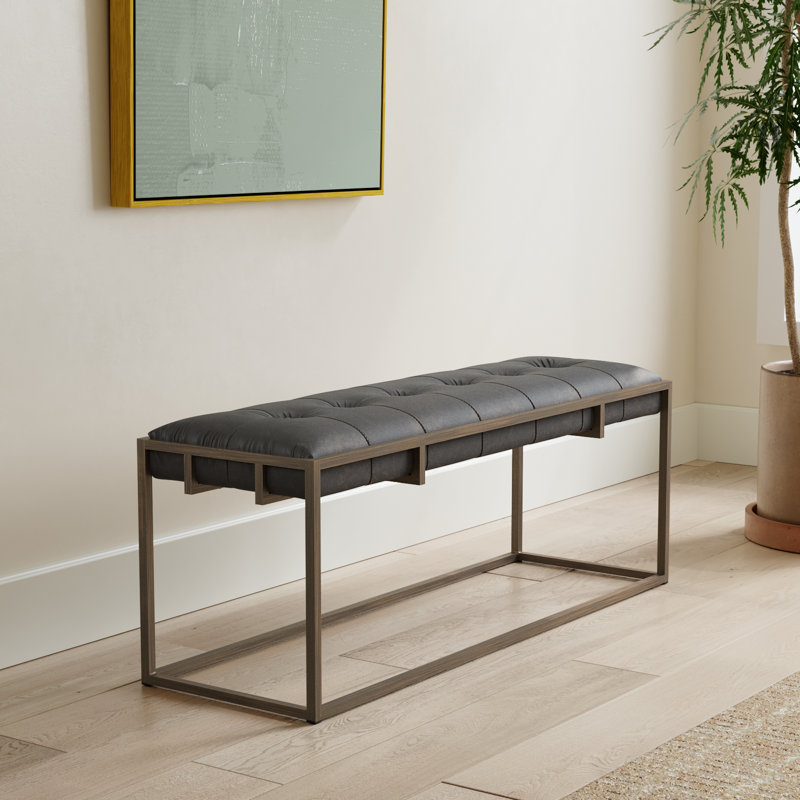 Genuine Leather Upholstered Bench, Rialto Ebony Top Grain Leather