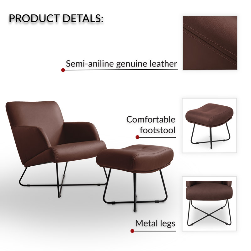 Averie Genuine Leather Designer Armchair With Footstool Included, Brown
