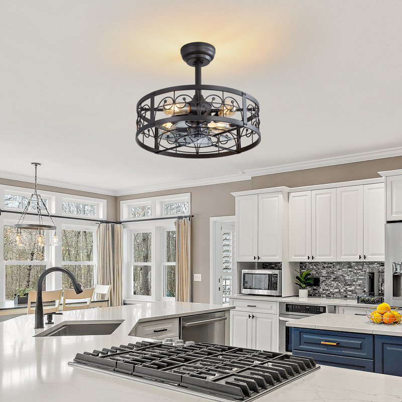 Mariellen 20" 7-Blade Indoor Enclosed Caged Black Ceiling Fan with the Remote Control