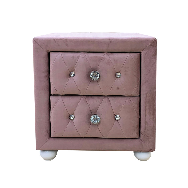 2 tables de chevet roses rembourrées - Panneau de particules +, poignées en tissu, poignées, mousse et bois tropical