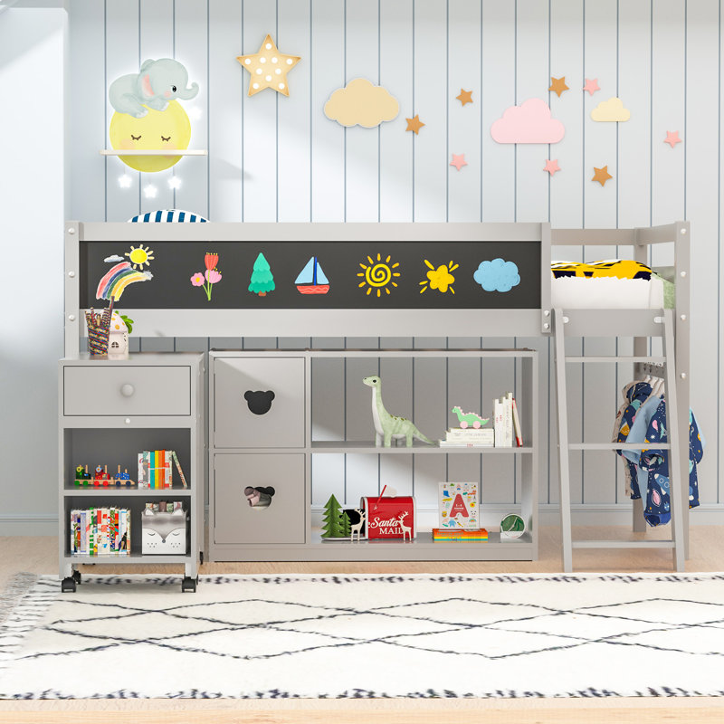 Twin Size Low Loft Bed with Desk & Storage, Gray
