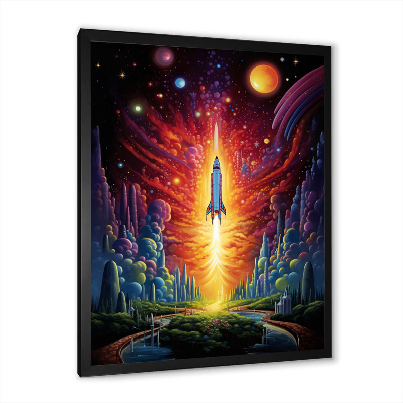 Rocketship Cosmic Dreamscape sur toile, Cadre photo noir, H 20 po x l 12 po x P 1 po