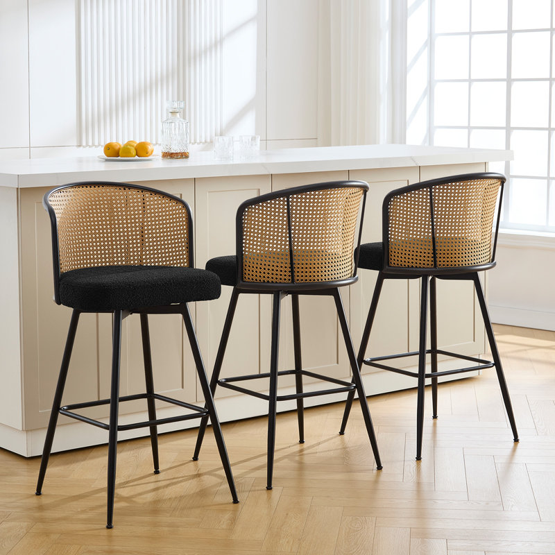 Cane Back Swivel Upholstered Stool, Bar Stool (29” Seat Height), Black Boucle, 3