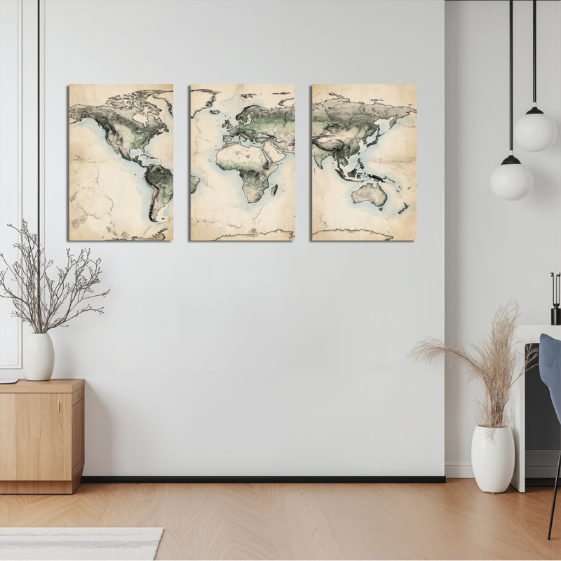 Ensemble de 3 tableaux muraux vintage sur toile représentant une carte du monde, H 30 po x l 60 po