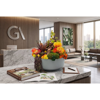 Silver Mist Faux Succulent Arrangement | Gray Fiber Glass Vase, Moss & Driftwood Centerpiece