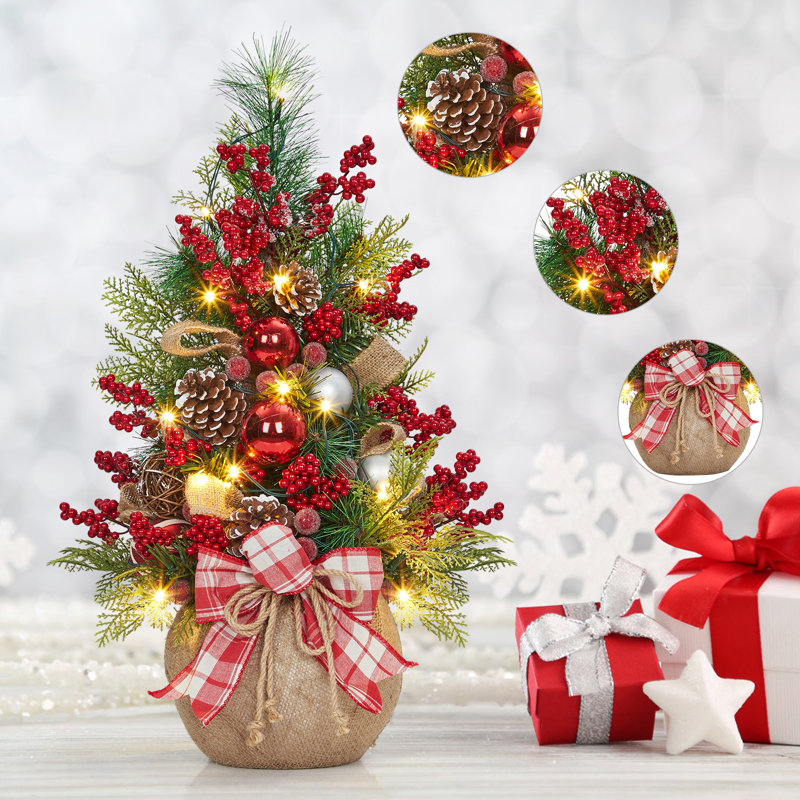 Mini arbre de Noël 24 pouces avec lumières, arbre de table artificiel pré-éclairé avec arc et boules, baies rouges