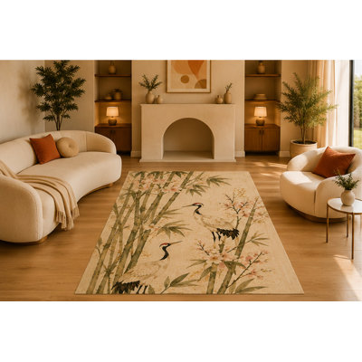 "Ultra Lightweight" 5'x7' Asian Crane Bamboo Blossom Area Rug, Soft Low Pile Indoor Rug with Non-Slip Silicone Backing, Decorative Carpet for Living Room, Bedroom, Nature