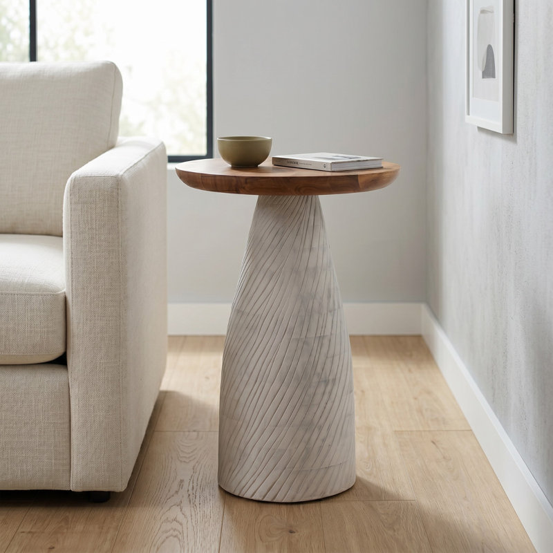 Mid-Century Farmhouse Cottagecore Round Wood Accent Drink Table, Whitewash
