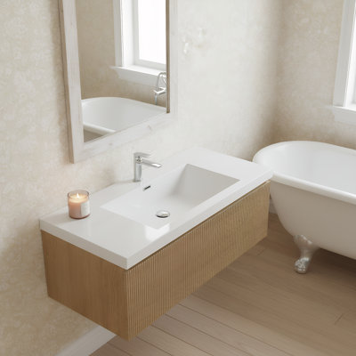 Floating Vanity with Glossy White Sink and Soft-Close Drawer