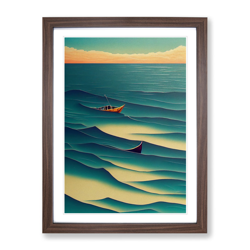 Boat in the Waves - Wall Art, 36cm H x 27cm W x 2cm D, Walnut Framed, White