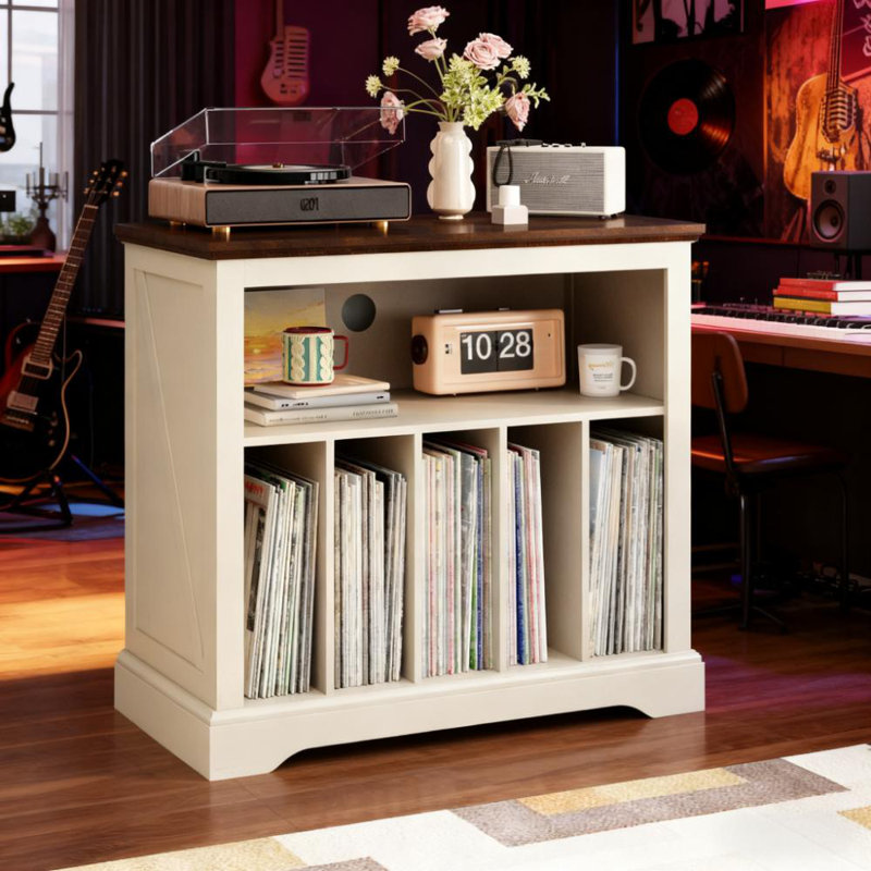 Large Farmhouse Record Player Stand With Vinyl Storage, Turntable Cabinet, Antique White