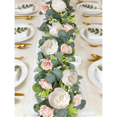 Paquet de 2 guirlandes de fleurs d'eucalyptus artificiel 13 pi avec 16 pivoines blanches et roses