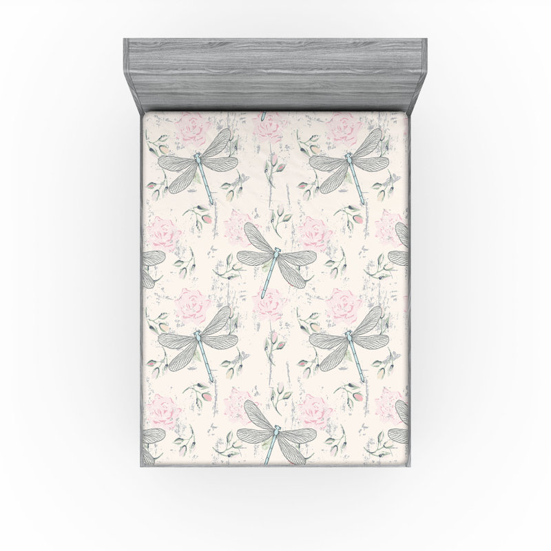 Ambesonne Shabby Flora Fitted Sheet 2-Pack Vintage Dragonfly Pale Pink Pale Grey, California King Sheet Set
