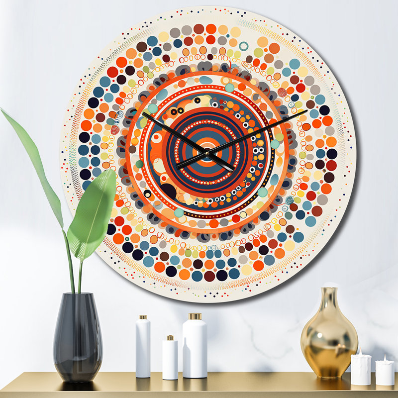 Horloge murale boho mandala rétro en métal bleu et orange II, Moyenne