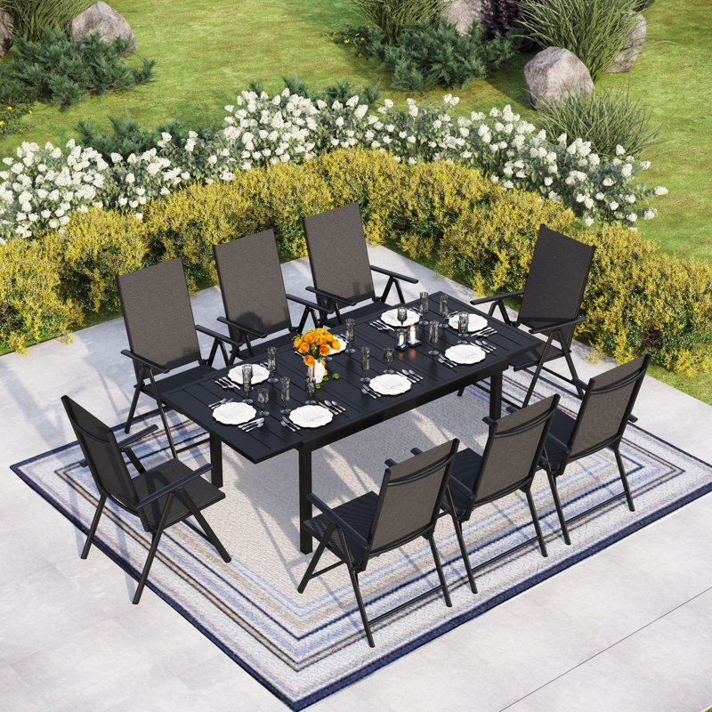 8 - Person Patio Dining Set with Extendable Rectangular Table, Black