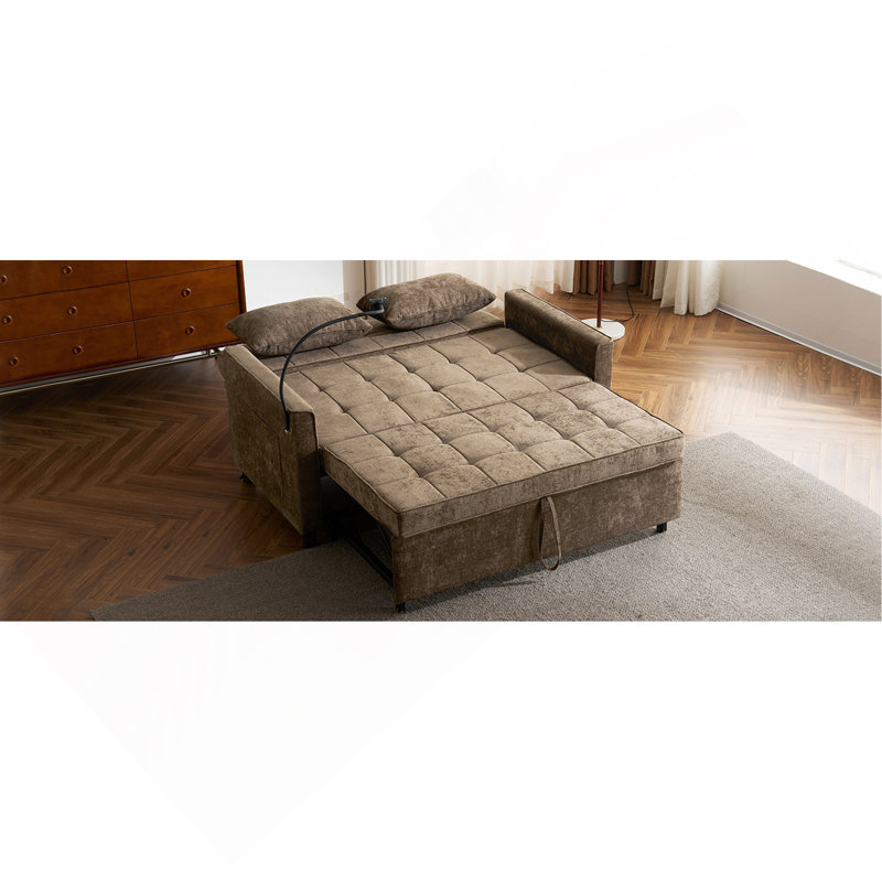 Canapé-lit coulissant de 56,9 po avec canapé-lit réversible, poches latérales, deux ports USB et support pour téléphone dans le salon, brun