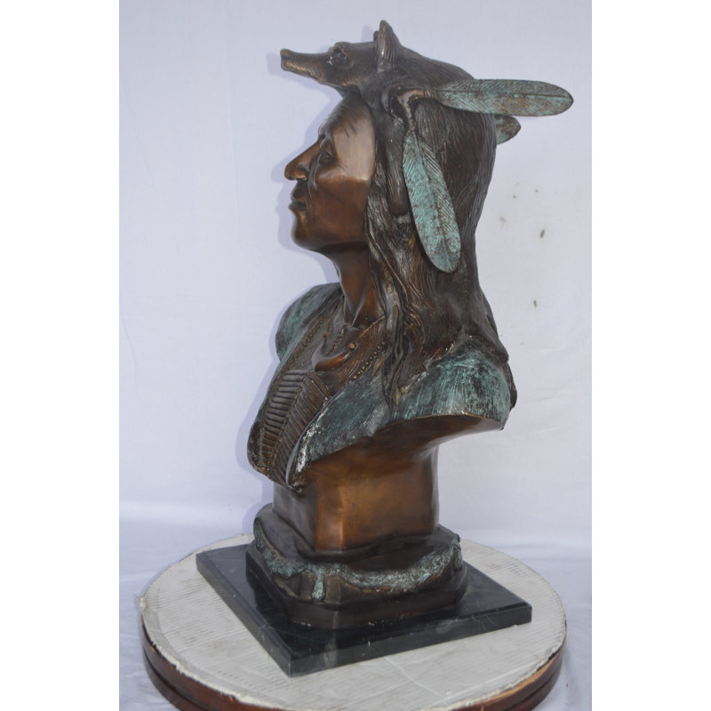 Bronze Indian Tribe Leader Bust Statue with Green Patina Finish
