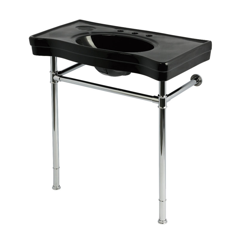 Kingston Brass Imperial 36-Inch Ceramic Console Sink with Stainless Steel Legs (8-Inch, 3-Hole), Black, Polished Chrome