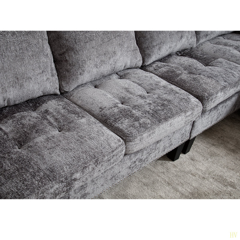 Canapé modulaire 5 places, avec repose-pieds de rangement, canapé modulaire convertible, canapé en L, méridienne réversible, canapé riveté, chenille
