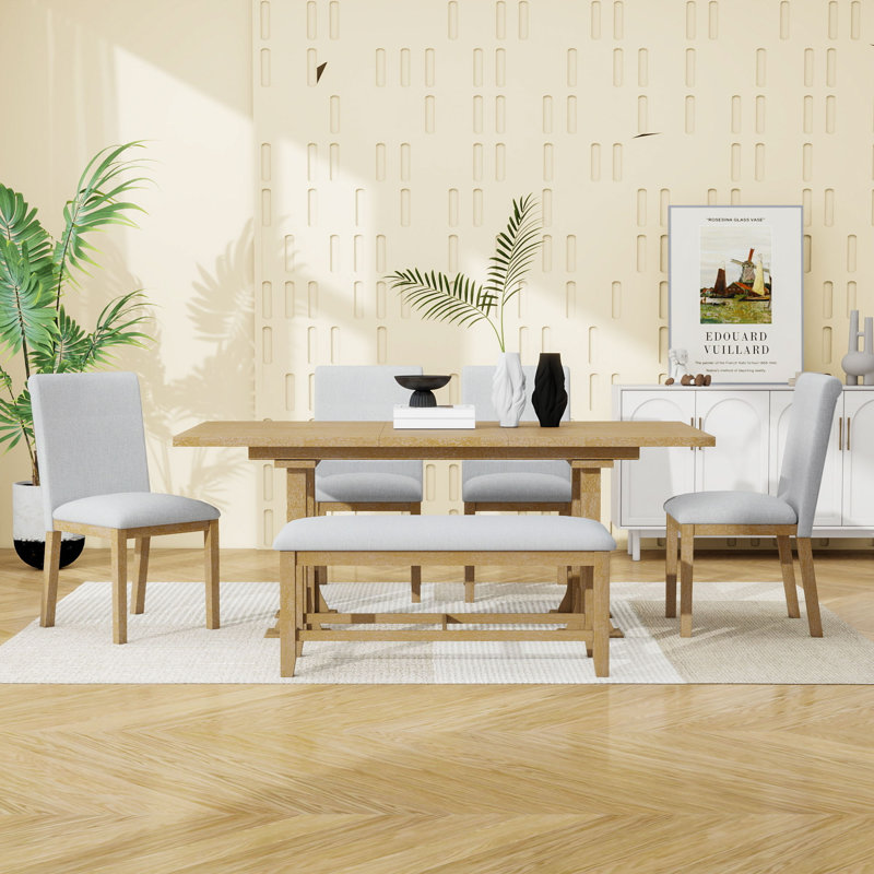 Lourdez 6-Piece Dining Set,Table with Upholstered Chairs and Bench, Natural