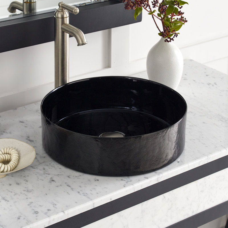 Positano 16" Handmade Murano Glass Round Vessel Bathroom Sink, Abyss