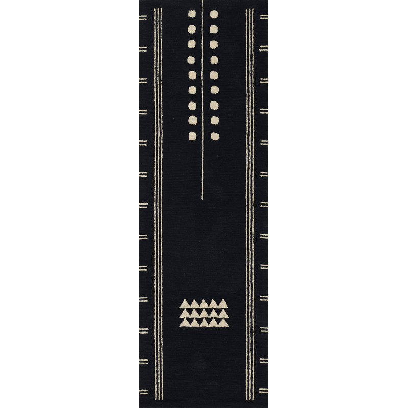 Tapis bleu marine / sable en laine touffeté à la main à motif géométrique, Tapis de couloir 2 pi 6 po x 8 pi