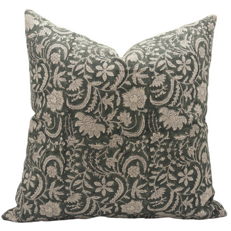 Green and Beige Floral Linen Block Print Pillow Cover 24x24