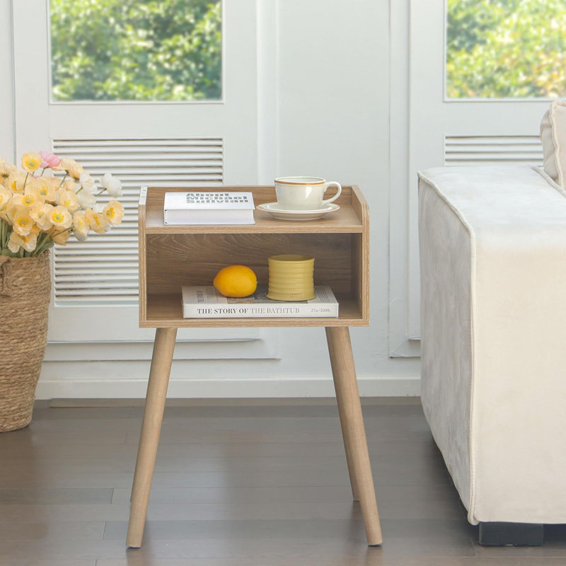 Table de chevet moderne Mid-Century avec rangement, petite table de bout avec pieds en bois massif pour la chambre à coucher, le salon ou le bureau